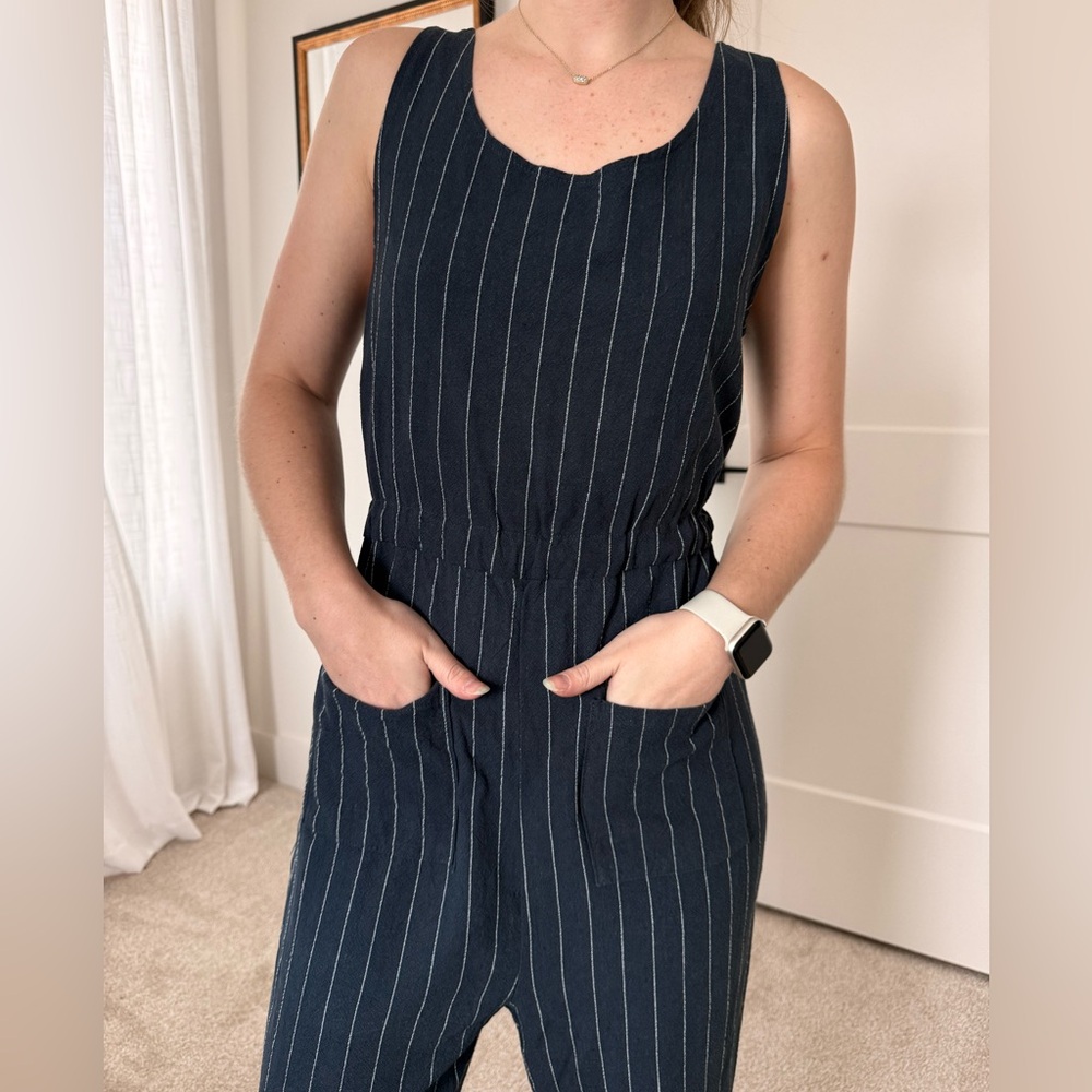 Annabelle Navy Striped Jumpsuit with Cream Tie